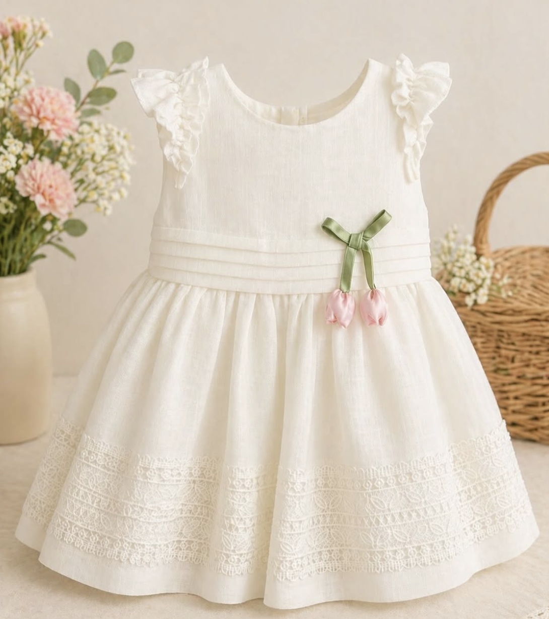 Ivory lace dress with soft tulip detail.