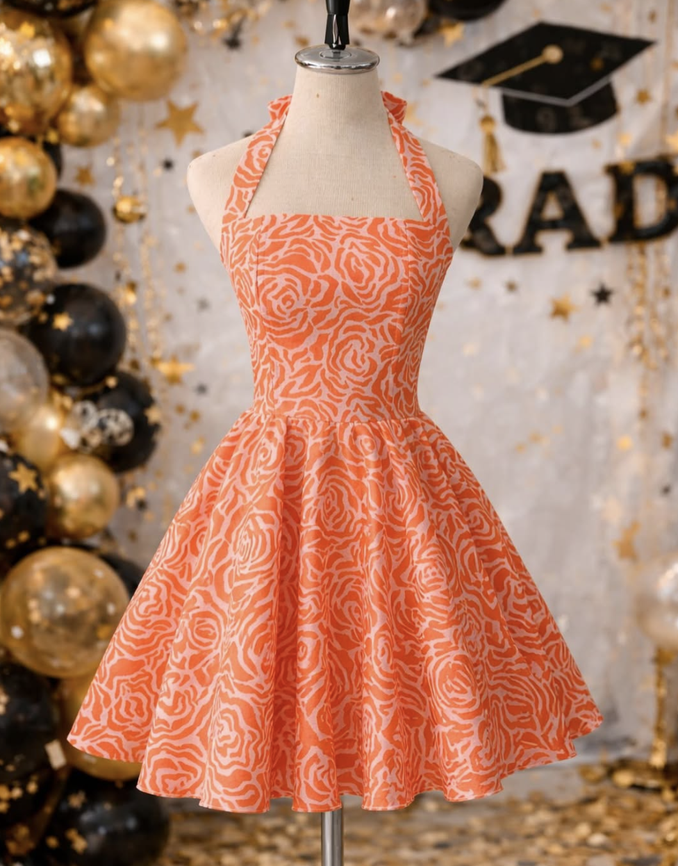 Coral halter couture dress on mannequin.